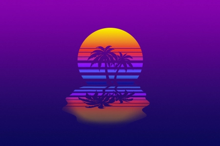 日落 逆波 合成波 复古主题 复古风格 AI艺术 简单背景 棕榈树 反射  电脑壁纸 4K壁纸 3840x2160