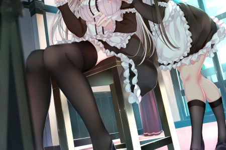 女仆装 大腿高 腮红 银发  手机壁纸 4K壁纸 3858x5167