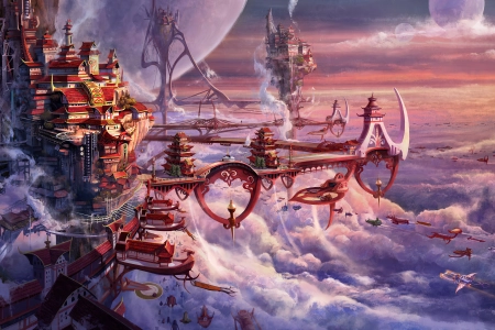 AI艺术 幻想艺术 幻想城市 云 亚洲建筑  电脑壁纸 4K壁纸 3840x2160