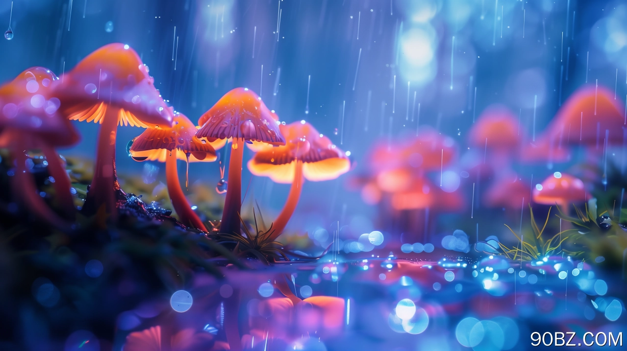 蘑菇 雨 发光 蓝色 电脑壁纸 4K壁纸