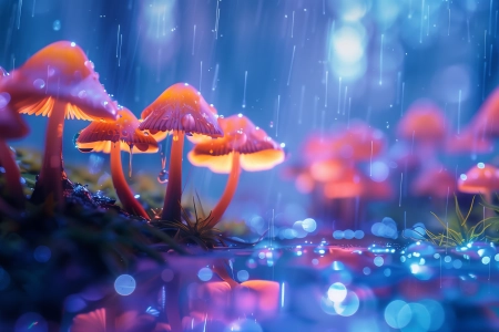 蘑菇 雨 发光 蓝色 电脑壁纸 4K壁纸 5824x3264