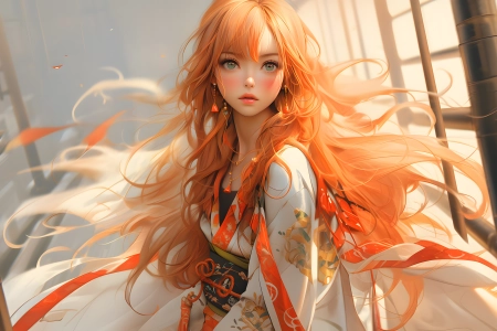 女人 红发 长发 服装 AI艺术 阳光 耳环 项链 腮红  电脑壁纸 4K壁纸 3840x2160
