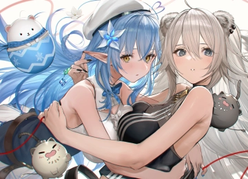 拥抱 蓝色头发 长发 动漫 女孩 兽耳 银发 全息 8K壁纸  8406x4961