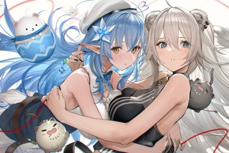 拥抱 蓝色头发 长发 动漫 女孩 兽耳 银发 全息 8K壁纸 8406x4961
