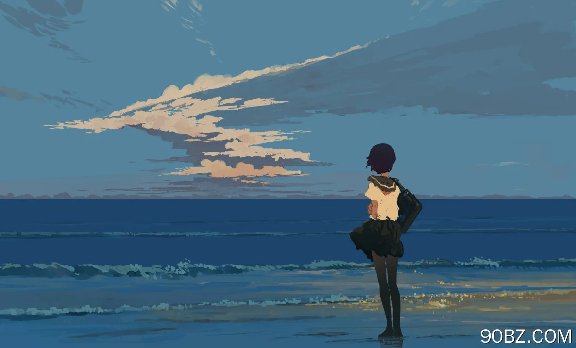 女学生 站立 校服 海滩 海边 日落 宁静 海浪 水 云 天空 AI艺术  电脑壁纸 4K壁纸