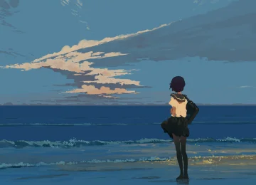 女学生 站立 校服 海滩 海边 日落 宁静 海浪 水 云 天空 AI艺术  电脑壁纸 4K壁纸  4096x2477