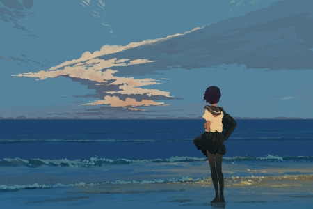 女学生 站立 校服 海滩 海边 日落 宁静 海浪 水 云 天空 AI艺术  电脑壁纸 4K壁纸 4096x2477