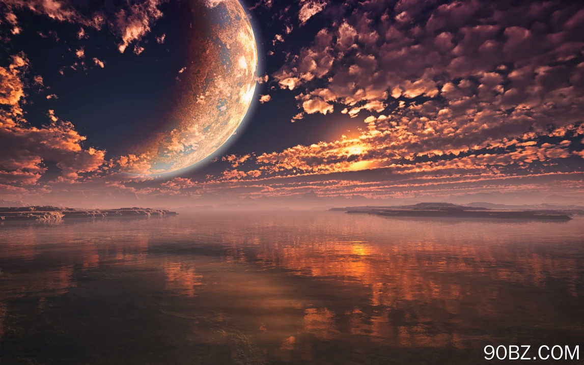 月亮 海洋 水 反射 云 天空 风景 阳光 日落 灯光 自然 行星 空间  电脑壁纸 4K壁纸