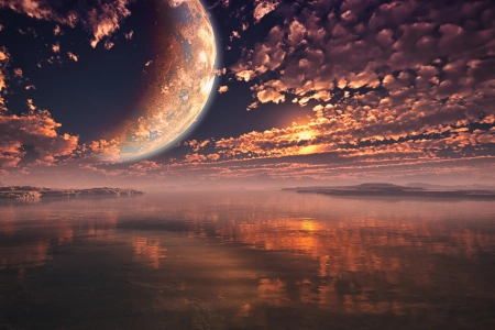 月亮 海洋 水 反射 云 天空 风景 阳光 日落 灯光 自然 行星 空间  电脑壁纸 4K壁纸 5000x3125