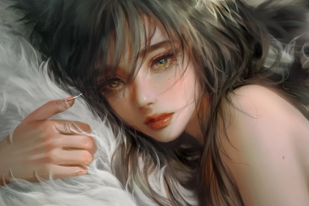 脸 长发 深色 女人 特写 肖像 红色口红 电脑壁纸 4K壁纸 4816x2907