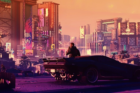 科幻 AI艺术 概念艺术 赛博朋克 未来主义 幻想 日落 未来 景观 城市 游戏CG 汽车 车辆 4K壁纸 3840x2160