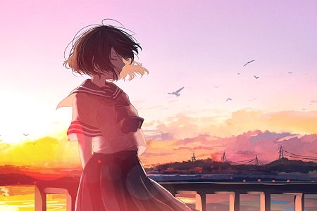短发 米芙鲁 动漫 动漫女孩 日落 校服  电脑壁纸 4K壁纸 3840x2160
