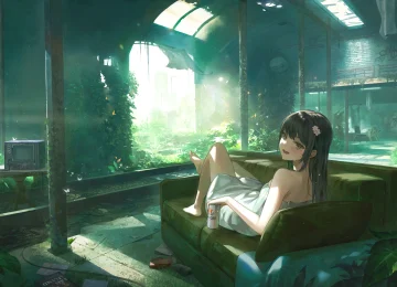 动漫 动漫女孩 沙发 树叶 啤酒  电脑壁纸 4K壁纸  4592x2657