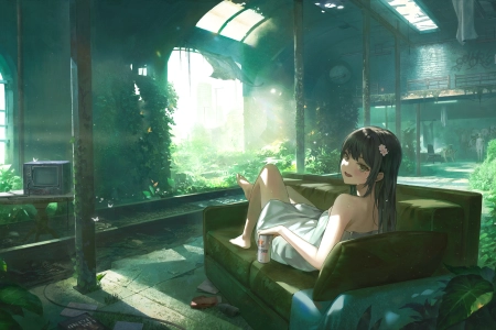 动漫 动漫女孩 沙发 树叶 啤酒  电脑壁纸 4K壁纸 4592x2657