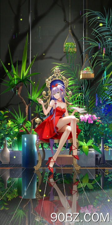 紫色头发 绿色头发 肩膀 动漫 女孩 倒影 植物 连衣裙 红色连衣裙 高跟鞋 红色高跟鞋 手机壁纸 4K壁纸