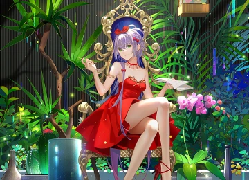紫色头发 绿色头发 肩膀 动漫 女孩 倒影 植物 连衣裙 红色连衣裙 高跟鞋 红色高跟鞋 手机壁纸 4K壁纸  4000x8000