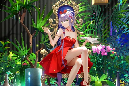 紫色头发 绿色头发 肩膀 动漫 女孩 倒影 植物 连衣裙 红色连衣裙 高跟鞋 红色高跟鞋 手机壁纸 4K壁纸 4000x8000