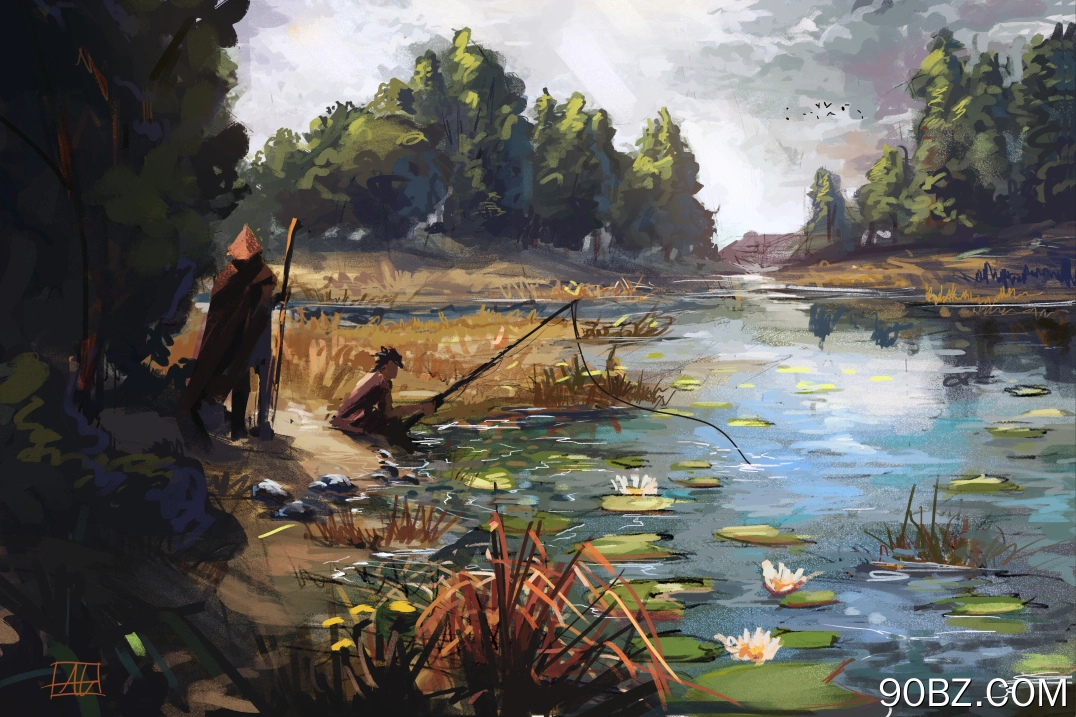 渔夫 山羊 早餐 数码绘画 风景 河流 4K壁纸