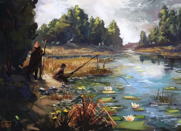 渔夫 山羊 早餐 数码绘画 风景 河流 4K壁纸  4500x3000
