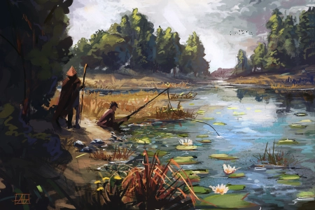 渔夫 山羊 早餐 数码绘画 风景 河流 4K壁纸 4500x3000