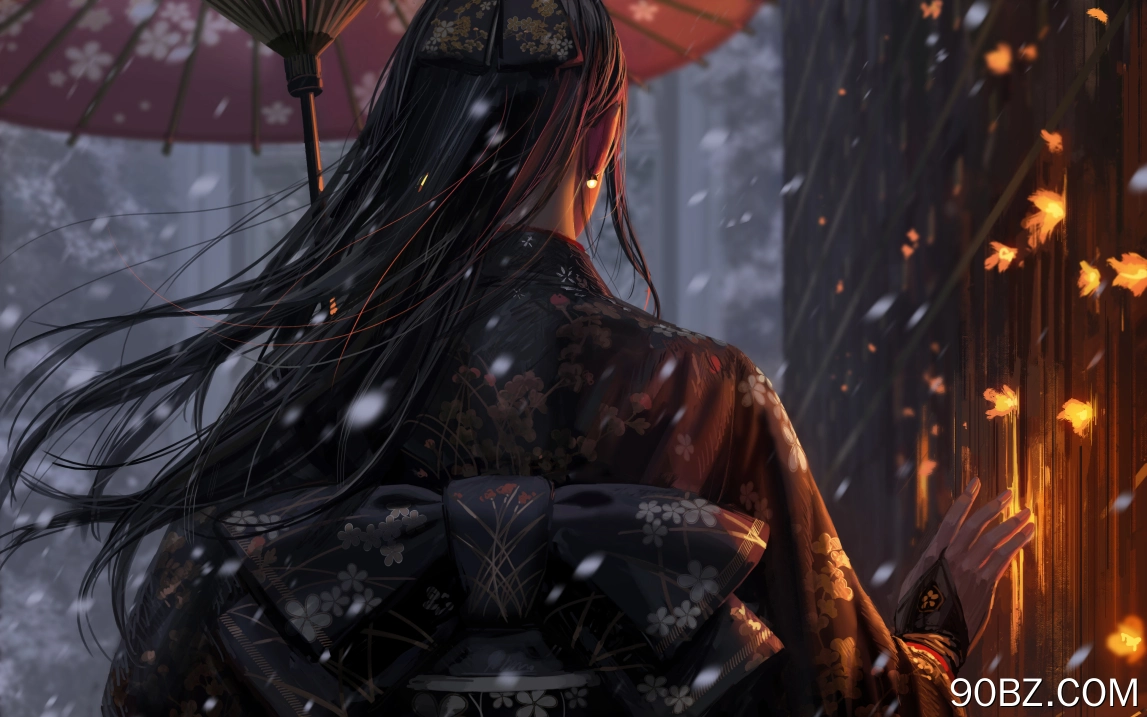 女人 原创人物 长发 和服 图片 绘画 后面 伞 雪 火 幻想艺术 4K壁纸