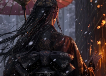 女人 原创人物 长发 和服 图片 绘画 后面 伞 雪 火 幻想艺术 4K壁纸  3863x2415