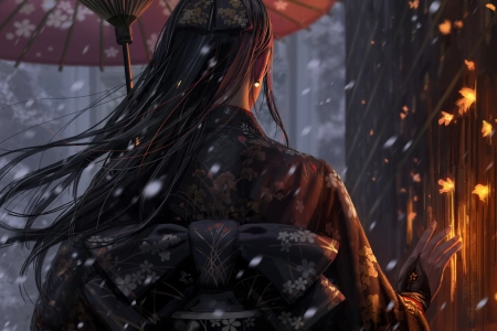 女人 原创人物 长发 和服 图片 绘画 后面 伞 雪 火 幻想艺术 4K壁纸 3863x2415