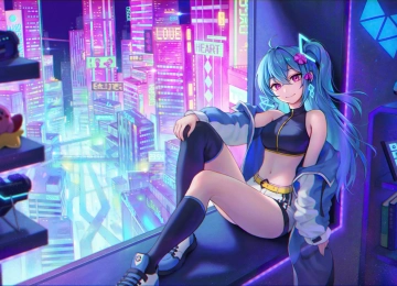 肚皮 动漫 动漫女孩 浮雕 紫色眼睛 城市 任天堂 小雕像 4K壁纸  5120x2880