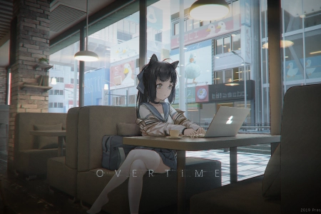 原创人物 猫女孩 女学生 动漫女孩 猫耳朵 笔记本电脑  电脑壁纸 4K壁纸 4096x2160