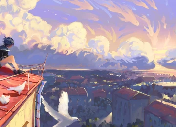 蓝色 头发 插图 日落 AI艺术 屋顶 云 鸟  电脑壁纸 4K壁纸  4500x2531