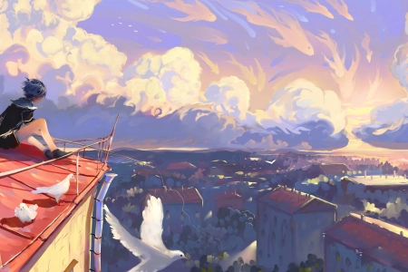 蓝色 头发 插图 日落 AI艺术 屋顶 云 鸟  电脑壁纸 4K壁纸 4500x2531