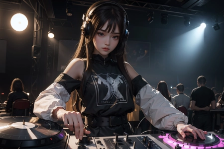 女人 长发 站立 肩膀 艺术 耳机 舞台灯光 光盘  电脑壁纸 4K壁纸 4004x2252