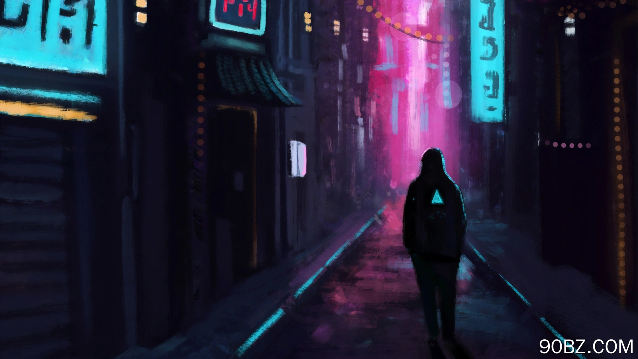 人物 行走 AI艺术 插图 黄昏 数字绘画 城市 街道 灯光 霓虹灯 赛博朋克 4K壁纸