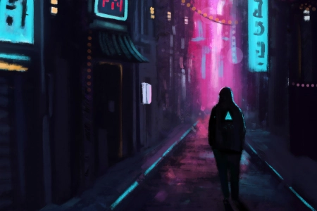 人物 行走 AI艺术 插图 黄昏 数字绘画 城市 街道 灯光 霓虹灯 赛博朋克 4K壁纸 3840x2160