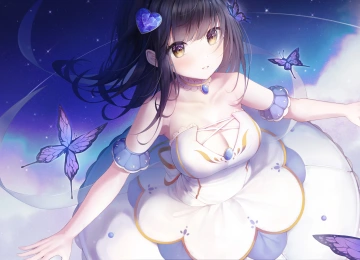 刘海 深色头发 动漫女孩 蝴蝶 连衣裙 棕色眼睛 4K壁纸  6668x3751