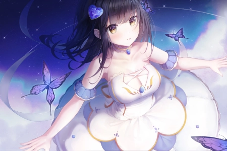 刘海 深色头发 动漫女孩 蝴蝶 连衣裙 棕色眼睛 4K壁纸 6668x3751