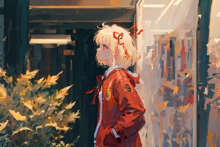 个人资料 手插口袋 微笑 短发 目光移开 动漫 女孩 石蒜 夹克 艺术 萝莉 4K壁纸 4096x2283