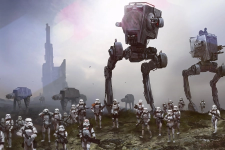 艾杜华&middot;格鲁特 星球大战 雾中的帝国冲锋队 AT-ST 人物 天空 阳光 数字艺术 军队 枪 攀行 AT-AT 2660x1496