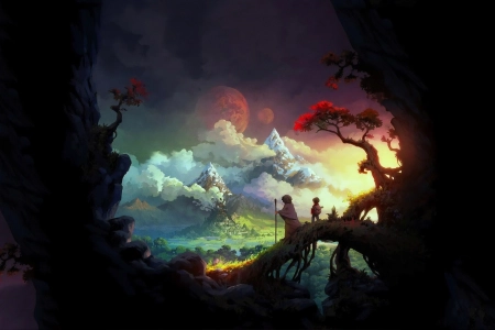 人物 儿童 旅行者 AI艺术 插图 奇幻艺术 风景 自然 树木 云  电脑壁纸 4K壁纸 3840x2160
