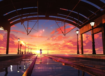 站立 动漫 女孩 黑裙子 灯柱 晚上 栏杆 倒影 风景 衬衫 楼梯 火车站 白衬衫 水 4K壁纸  6000x2501