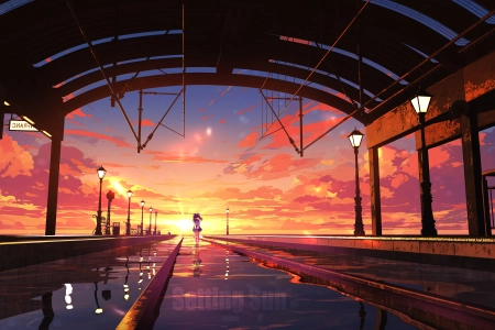 站立 动漫 女孩 黑裙子 灯柱 晚上 栏杆 倒影 风景 衬衫 楼梯 火车站 白衬衫 水 4K壁纸 6000x2501
