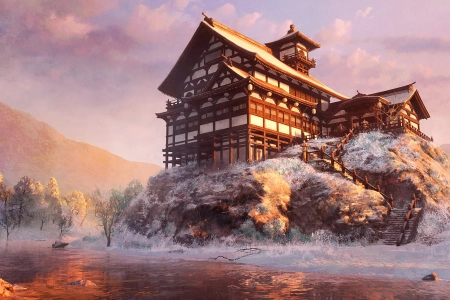 AI艺术 数字绘画 建筑 日落 森林 雪 河流  4K壁纸 6000x3000