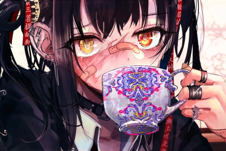 动漫 女孩 AI艺术 黄眼睛 茶 绷带 4K壁纸 3840x2160