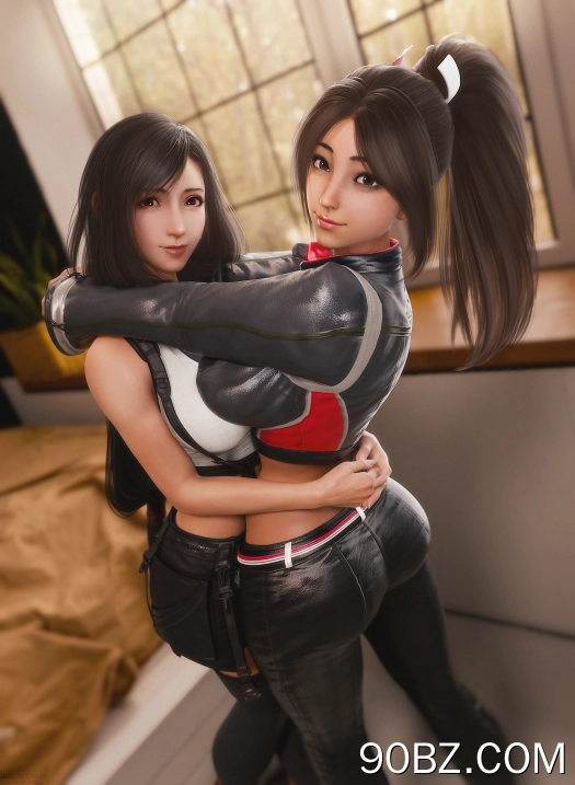 蒂法·洛克哈特，白鸟真依，最终幻想，怒之铁拳，电子游戏， crossover，游戏角色，游戏女角色，棕色头发，粉丝艺术，数字艺术，Ria-neearts，露脐，回头