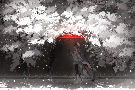 长发 抬头 走路 动漫 女孩 雨伞 手套 帽子 树 花瓣 旗帜 4K壁纸 3862x2480