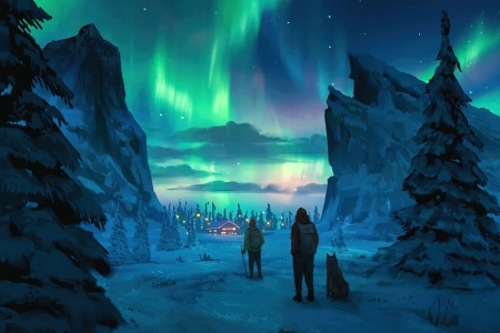 极光 雪 AI艺术 夜 天空 图片 绘画 松树 灯光 4K壁纸 3840x2160