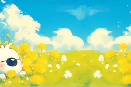 辛巴狗 花盆 花朵 带鱼屏 壁纸 2K壁纸 蓝天 草地 2K壁纸 3440x1440