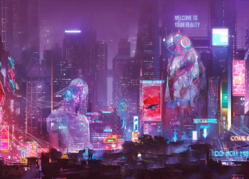 未来派城市 霓虹灯 城市 城市景观 建筑 摩天大楼 幻想艺术 赛博朋克  电脑壁纸 4K壁纸  5990x3571