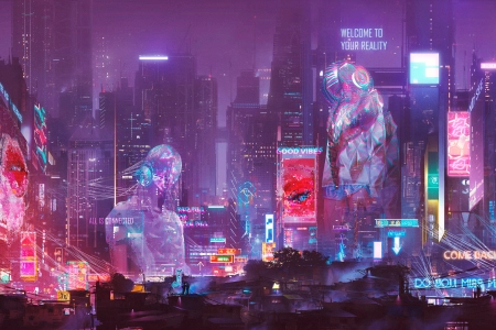 未来派城市 霓虹灯 城市 城市景观 建筑 摩天大楼 幻想艺术 赛博朋克  电脑壁纸 4K壁纸 5990x3571