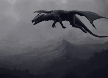 AI艺术 奇幻艺术 自然 风景 龙 山 飞翔 单色 极简主义 黑色 黄色眼睛 绘画  4K壁纸  4200x2400